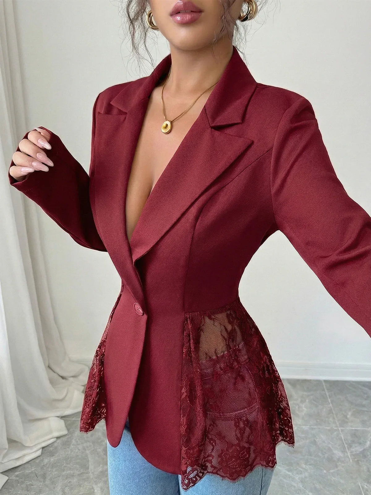 Elegant Style Women's Suit Jacket A-Line Silhouette Lace Waist Color Block Autumn New Arrival Fashion Outerwear