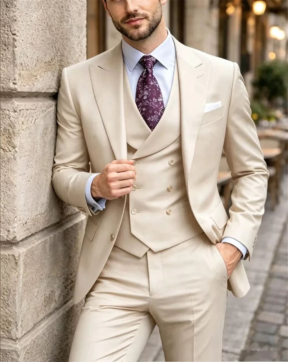 Classic Green Men's 3-Piece Suit Double Breasted Waistcoat Slim Fit Formal Wedding Suit (Jacket+Vest+Pant)