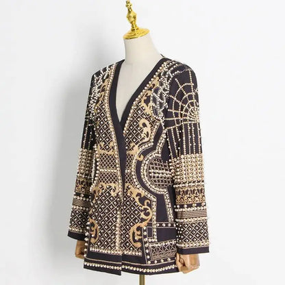Autumn New Women's Elegant Fashion Luxury Heavy Craft Beaded Printed Coat Stylish V-neck Long Sleeve High-end Blazer HK8297
