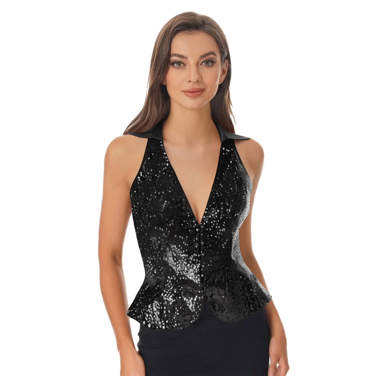 Womens Sequin Vest Lapel Sparkly Cosutme Sleeveless Vests Nightclub Jazz Dance Party Dressy Tops Rave Music Festival Waistcoat