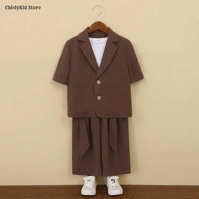 Boys Solid Short Sleeves Blazer Jack Vest Pants Children Suit Waistcoat Wedding Clothes Sets Toddler Formal Dress Kids Tuxedos