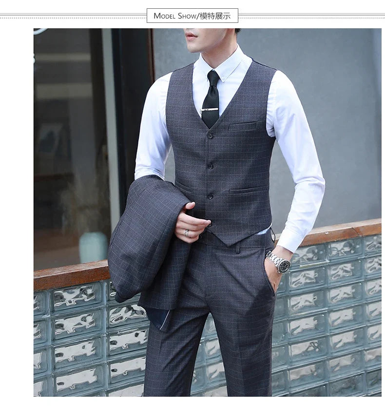 Men's Autumn Winter Trendy Three-Piece Suit Set Slim Fit Stylish Vest Trousers Ensemble Handsome Personality Wardrobe Essential
