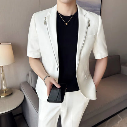 2023 Summer Zipper Decoration Blazers Men Casual Business Suit Jacket Slim Fit 3/4 Sleeve Streetwear Social Jacket Men Clothing