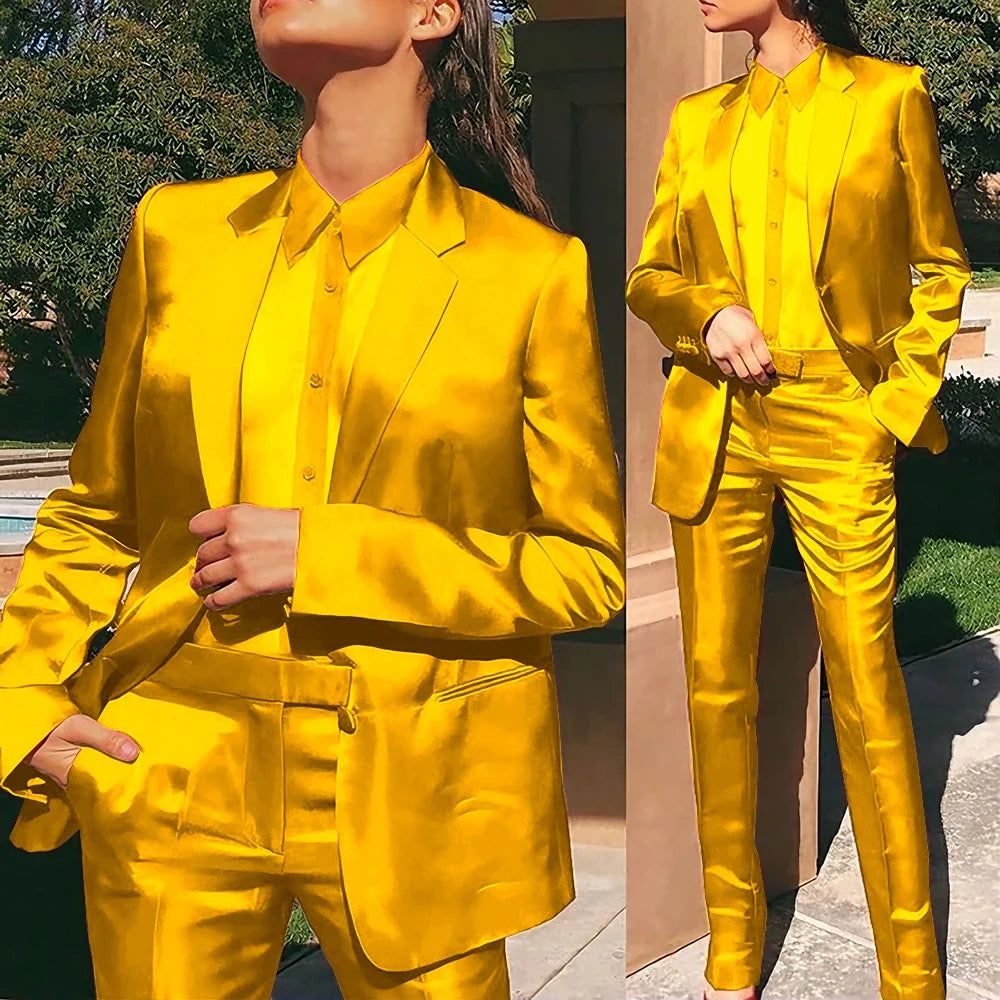 Women’s Red Satin Suit 2 Piece (Jacket+Pants) Set Gorgeous Single-breasted Blazer for Evening Party Formal Cocktail Streetwear