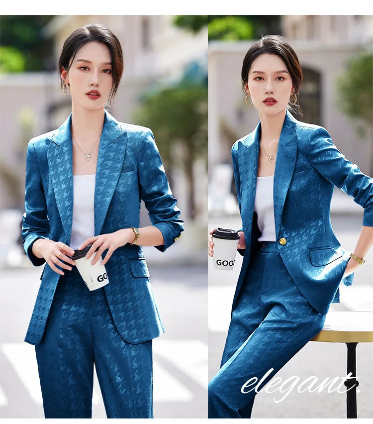 Fashion Ladies Formal Pant Suit Women Houndstooth Single Button Jacket And Trouser Female Business Work Wear 2 Piece Blazer Set
