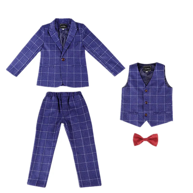Boys Plaid 4Pieces Wedding Suit Set With Jacket Vest Pants Bowtie Kids Host Piano Performance Suit Children's Birthday Blazer