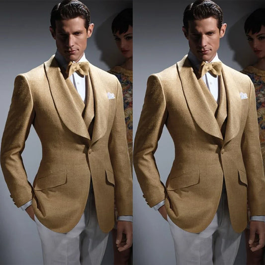 Men's Suit 3 Pieces Blazer Vest White Pants One Button Wide Lapel Brown Work Wear Wedding Groom Formal Tailored Costume Homme