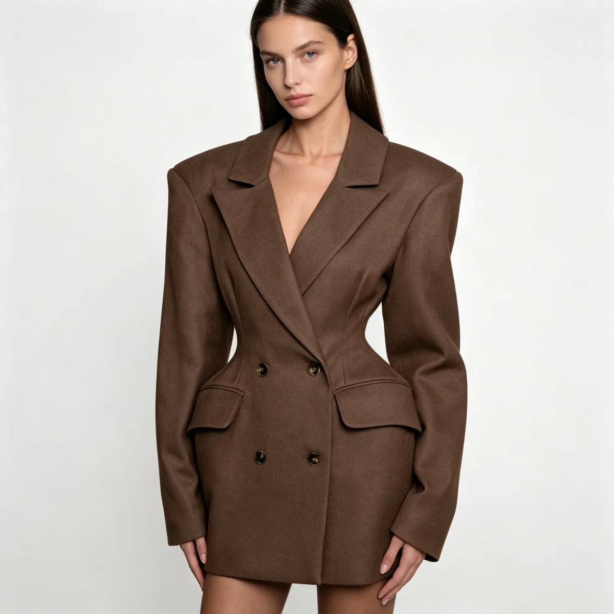 2026 Women Blazer Dress, Padded Shoulder Double-Breasted Tailored Waist Design, for Parties Office Dating Events