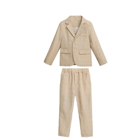 Gentleman Boys Beige 4Pieces Wedding Birthday Party Suit Set With Jacket Vest Pants Bowtie Kids Piano Performance Costume