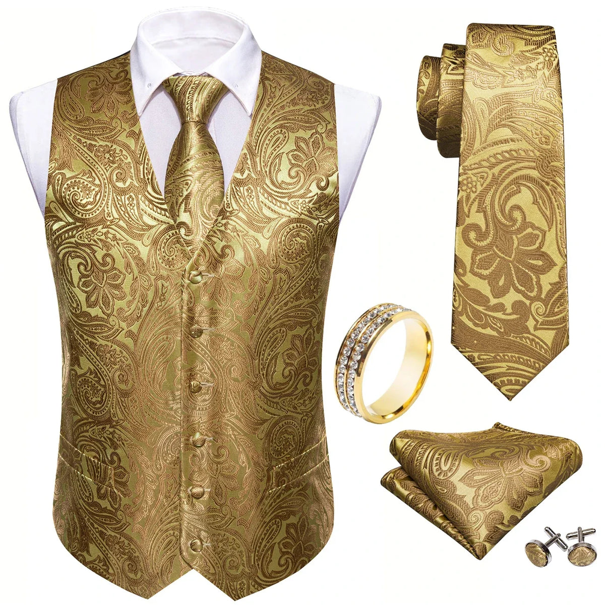 Men's Golden Floral Paisley V-Neck Vest Set – Tie, Pocket Square, Cufflinks & Ring for Weddings & Celebrations