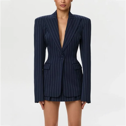 Fashion Striped Women's Suit Oversized Peak Lapel Single Button Blazer Mini Skirt Two Pieces Office Lady Party Event Outfit Set