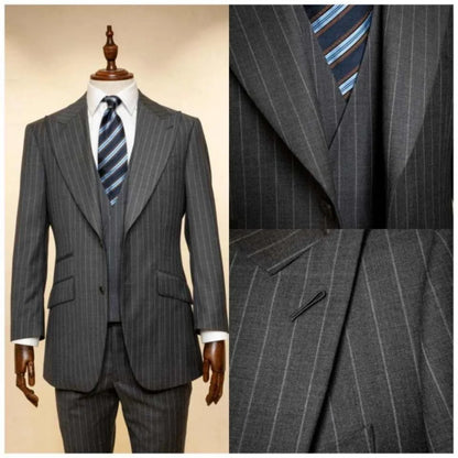 Mens Grey Pinstripe 3 Piece Suit Single Breasted Wide Peak Lapel Vest And Pants Formal Business Wedding Guest Customized