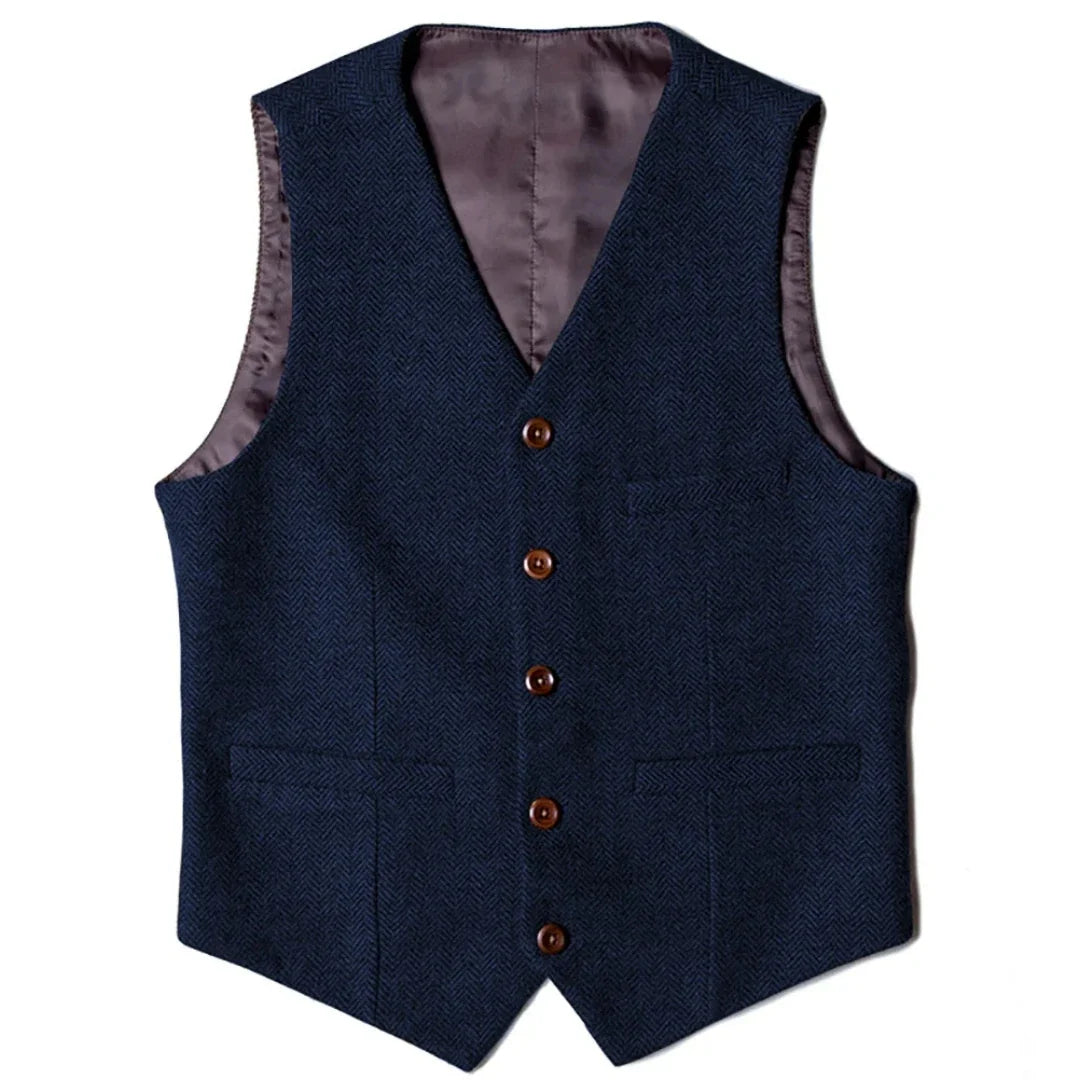 Men's Herringbone Vest Single Button V-Neck Waistcoat for Wedding & Business