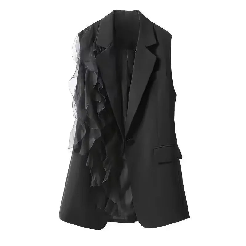 Women's Suit Vest Jacket With Lining 2026 Summer Korean Black Loose Casual Sleeveless Ladies Vest  Splicing Lady Suit Waistcoat