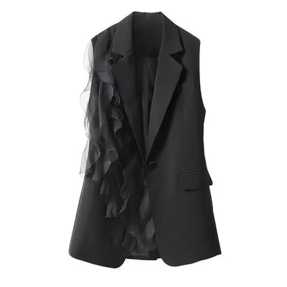 Women's Suit Vest Jacket With Lining 2026 Summer Korean Black Loose Casual Sleeveless Ladies Vest  Splicing Lady Suit Waistcoat