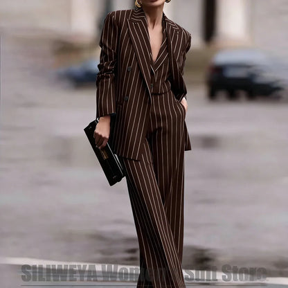 Navy Women's Striped 3 Piece Suit Double Breasted Blazer Vest Wide-Leg Pants Set Fashion Formal Party Office Casual Outfit