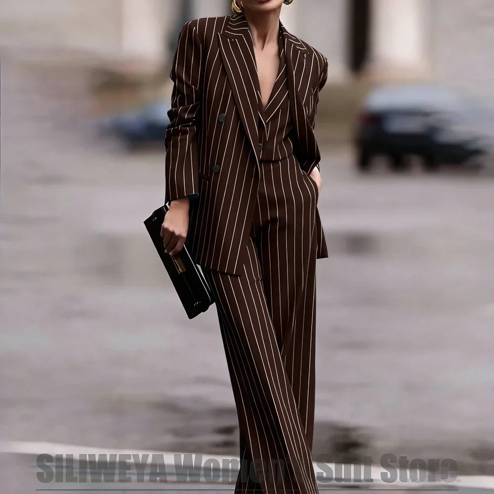 Navy Women's Striped 3 Piece Suit Double Breasted Blazer Vest Wide-Leg Pants Set Fashion Formal Party Office Casual Outfit