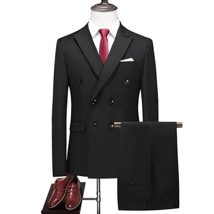 2 Pieces Fashion New Men's Business Double Breasted Solid Color Suit Coat Male Slim Fit Wedding Blazers Jacket Pants Trousers