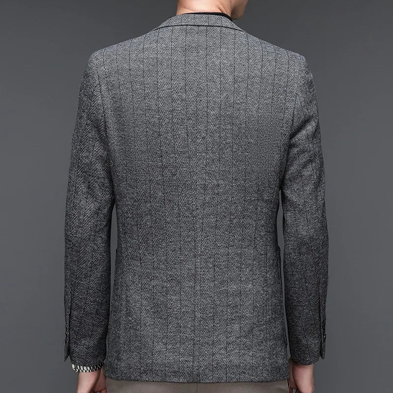 KIDWHXR Man Suit Coat Non-ironing Striped Turn Down Collar Male Outerwear Slim Long Sleeve Pocket Business Casual Men Blazer