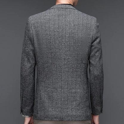 KIDWHXR Man Suit Coat Non-ironing Striped Turn Down Collar Male Outerwear Slim Long Sleeve Pocket Business Casual Men Blazer