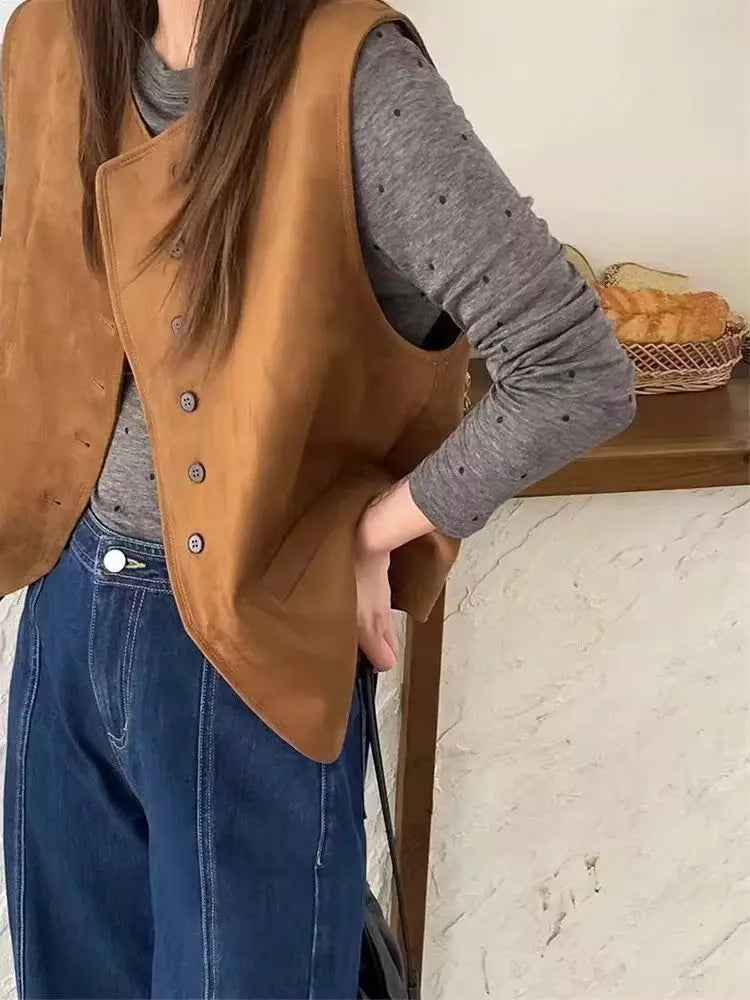 Spring Autumn Suede Sleeveless Vest For Women New O-Neck Single Breasted Waistcoat Female Korean Loose Short Vest Jacket