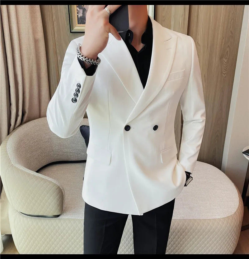 British Style Double Breasted Blazer Jackets Men High Quality Casual Business Suit Jacket Slim Business Wedding Groom Dress