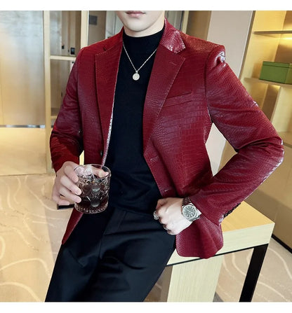 2026 Crocodile Patterned Leather Suit Jacket Men Slim Fit Business Casual Leather Jacket Wedding Groom Party Work Men Blazers