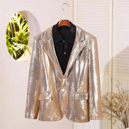 Men's Casual Blazers Suit Jackets Singer Silver Sequins Party Glitter Club Bar Concert Shiny Coat Stage Performance Costume