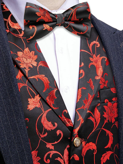 Men's Red Jacquard Floral Vest Notched Lapel Collar – Formal Waistcoat & Bowtie Set