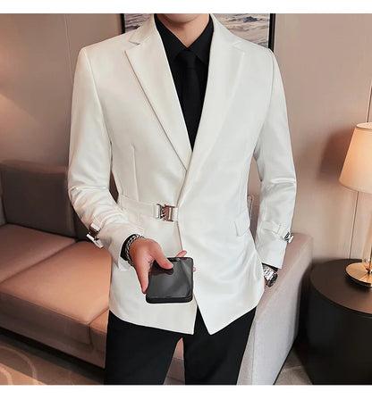 Men's Slim Fit Blazer Metal Buckle Decoration Smart Casual Wedding Party Jacket