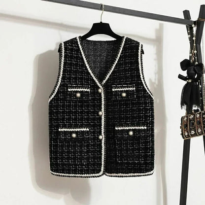 Women V-neck Tweed Sleeveless Vest Female Splicing Together Waistcoat Top Autumn Lady Lmitation Mink Fur Vest Jacket