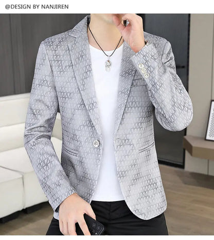 Korean Fashion Suit Jacket Men Slim Fit Geometric Printed Casual Business Blazers Autumn Social Groom Hairstylist Uniform Jacket