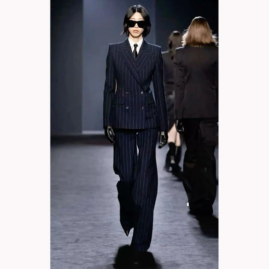 Dark Blue Stripes Women Suit Customized Double-breasted Peak Lapel Two Pieces(Jacket+Pants) Business Office Lady Competent Set