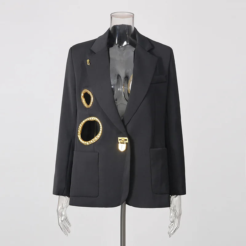 Women Blazer Elegant Fashion Metal Hollow Out Design Long Sleeve Loose Versatile Trendy Suit-Coat Spring Autumn New HK26606
