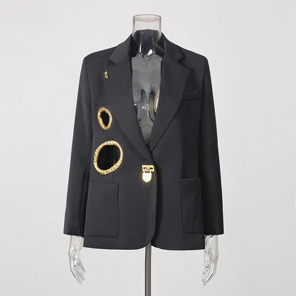 Women Blazer Elegant Fashion Metal Hollow Out Design Long Sleeve Loose Versatile Trendy Suit-Coat Spring Autumn New HK26606