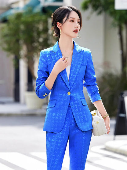 Fashion Ladies Formal Pant Suit Women Houndstooth Single Button Jacket And Trouser Female Business Work Wear 2 Piece Blazer Set