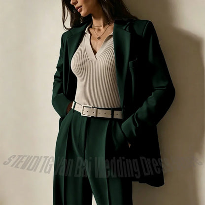 Dusty Blue Women Suits Casual Loose Single Breasted Blazer Pants 2 Piece Minimalist Fashion Office Daily Wear Outfit Set