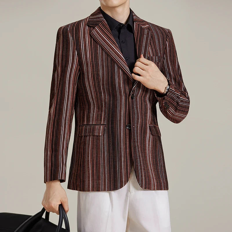 2025 Autumn Winter Velvet Striped Fashion Casual Suit Jacket Slim Fit Versatile Business Blazers Social Wedding Groom Dress Coat