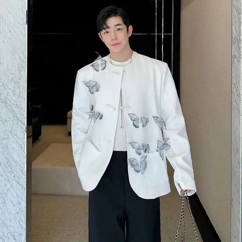 Personality Movable Butterfly Decoration Runway Suit Jackets Handsome Classy Collarless Men's Design Trendy Blazer LZ6063