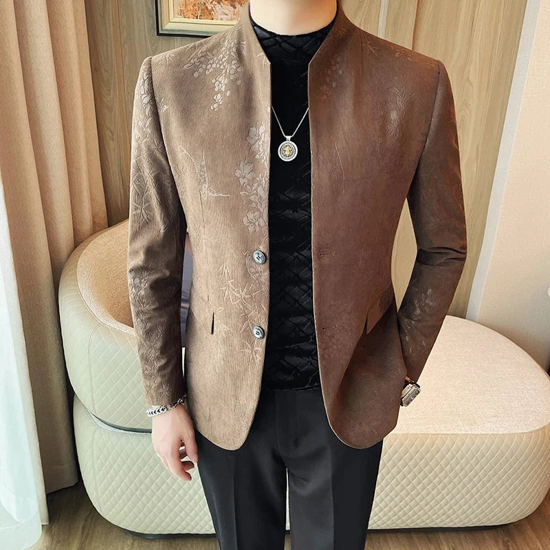 Men's New Chinese Stand Collar Blazer Jacket 2025 Fashion Elegant Printed Slim Fit Business Suits Jacket Tailcoat Men Clothing