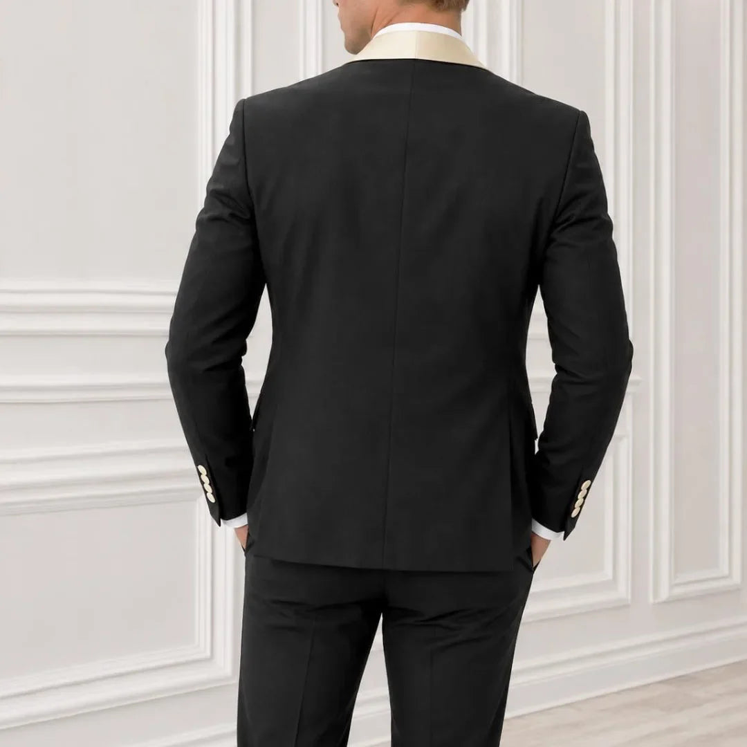 Men Suit Black 3 Pieces With Beige Lapel For Wedding Groom Birthday Banquet Party Ball Business Office Work Jacket Vest Pants