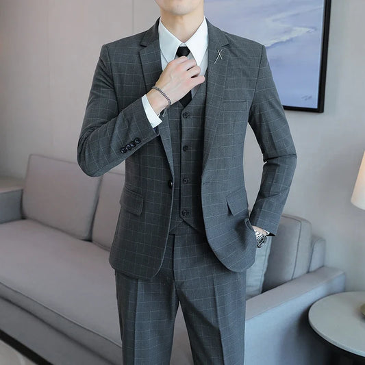 Men's Slim Fit Three-Piece Suit Set – Single Breasted Business & Wedding Outfit in Black, Grey