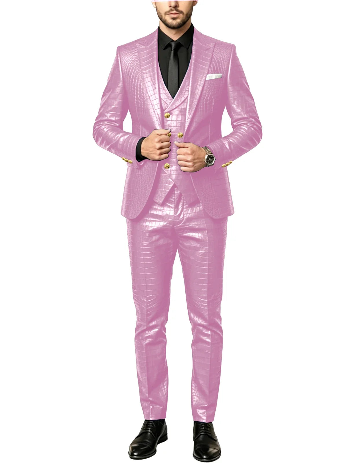 Men's 3 Piece Suit Crocodile Pattern Prime PU Leather Single Breasted Gold Buttons Slim Fit Wedding Dinner Party Formal Outfit ﻿