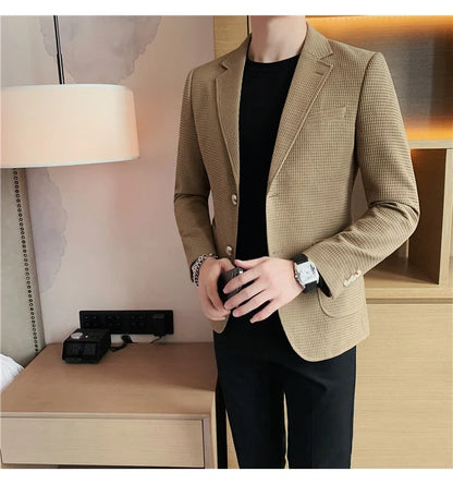 2025 Spring New Waffle Suit Coats Men Slim Fit Business Casual Blazer Jacket Homme Formal Groom Prom Wedding Tuxedo 4XL-M