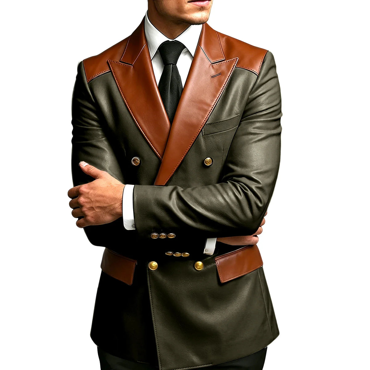 Luxury Men's Colorblock Leather Blazer Double Breasted Notched Lapel Business Casual Suit Jacket Fashion Formal Wear for Wedding
