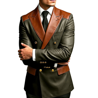 Luxury Men's Colorblock Leather Blazer Double Breasted Notched Lapel Business Casual Suit Jacket Fashion Formal Wear for Wedding