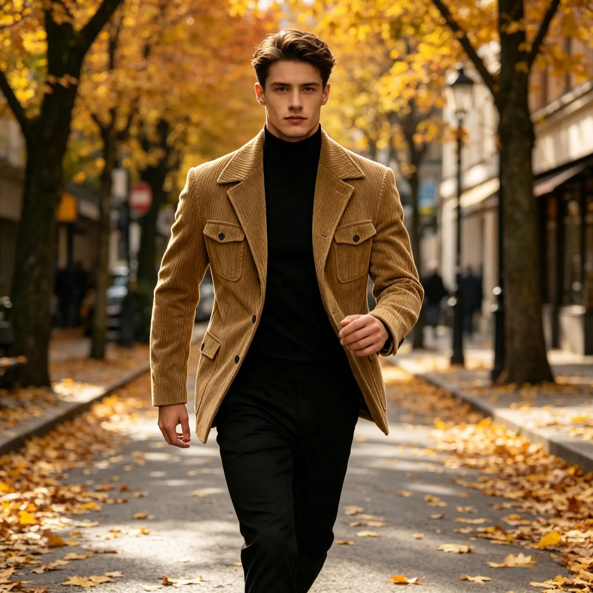 Men's Corduroy Blazer Jacket Slim Fit Notched Lapel Casual Business Coat With Four Flap Pockets For Daily Work Streetwear