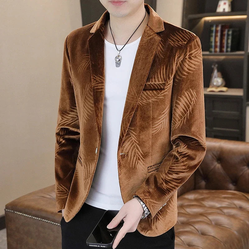 Men's Slim Fit Velvet Blazer – Bamboo Leaf Print Smart Casual Suit Jacket