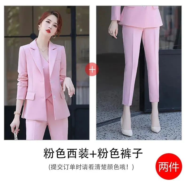 Lady Solid Lapel Blazer Suit Full Sleeve V-neck Single Breasted Straight Leg Pants Suits 2026 Fashion New Office Commute Outfit