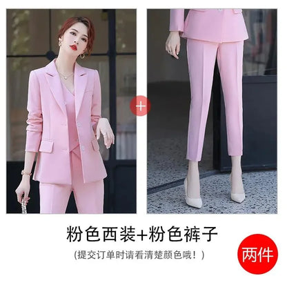 Lady Solid Lapel Blazer Suit Full Sleeve V-neck Single Breasted Straight Leg Pants Suits 2026 Fashion New Office Commute Outfit